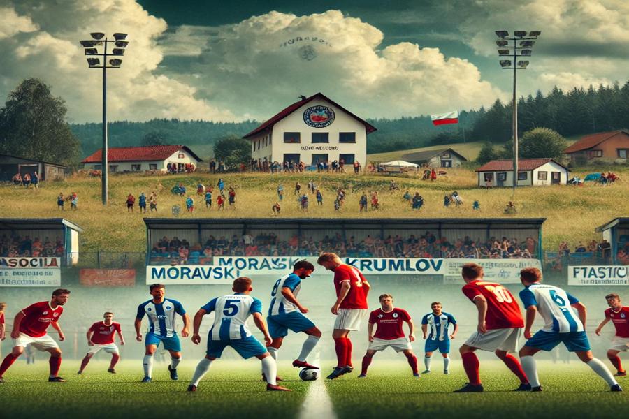 Obrázek z fotbalového zápasu. Moravský Krumlov má na sobě modrobílé dresy, Tasovice v červených dresech. V pozadí je vidět fotbalový stadion v Tasovicích s malým davem přihlížejících, obklopený přírodním prostředím. Vytvořil Chat GPT