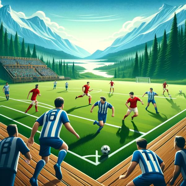 fotbalový zápas, na pozadí les a řeka - Vytvořeno pomocí DALL·E