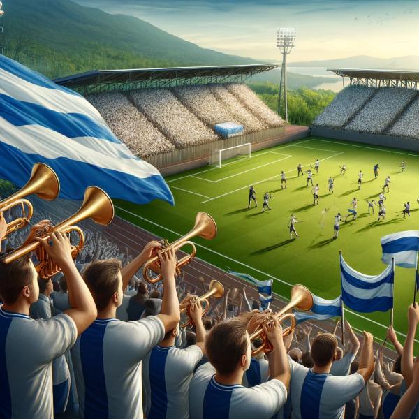 Dva týmy, jeden v modrobílých a druhý v čistě bílých dresech, s fanoušky na tribuně, kteří drží trumpetu a modrobílou vlajku, vše na pozadí krásné přírodní scenérie - Vytvořeno pomocí DALL·E