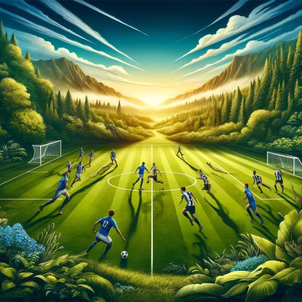 Obrázek fotbalového zápasu, kde jedno mužstvo má modrobílé dresy a druhé černobílé, v krásném přírodním prostředí - Vytvořeno pomocí DALL·E