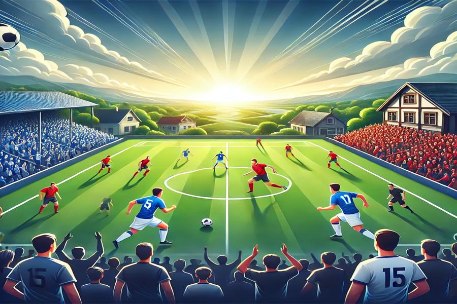 Obrázek fotbalového zápasu. Jeden tým má modrobílé dresy, druhý červené, na pozadí je hezká krajina a fanoušci na tribunách. Vytvořeno pomocí DALL·E