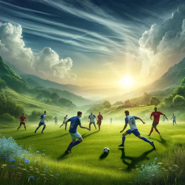Obrázek fotbalového zápasu, kde jeden tým má modrobílé dresy a druhý červené, na pozadí s loukou a kopci - Vytvořeno pomocí DALL·E