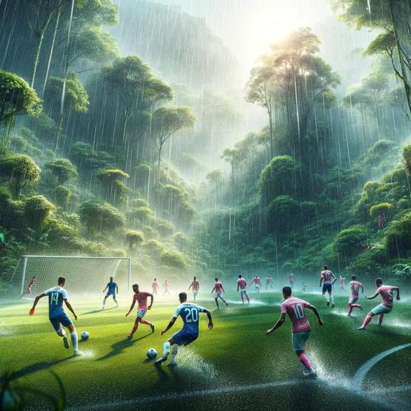 Živá scéna fotbalového zápasu v dešti zasazená do jedinečného venkovního prostředí s lesní kulisou. Jeden tým má modrobílé dresy a aktivně přihrává míč, zatímco tým soupeře v růžových dresech se pokouší míč zachytit. Vytvořeno pomocí DALL·E