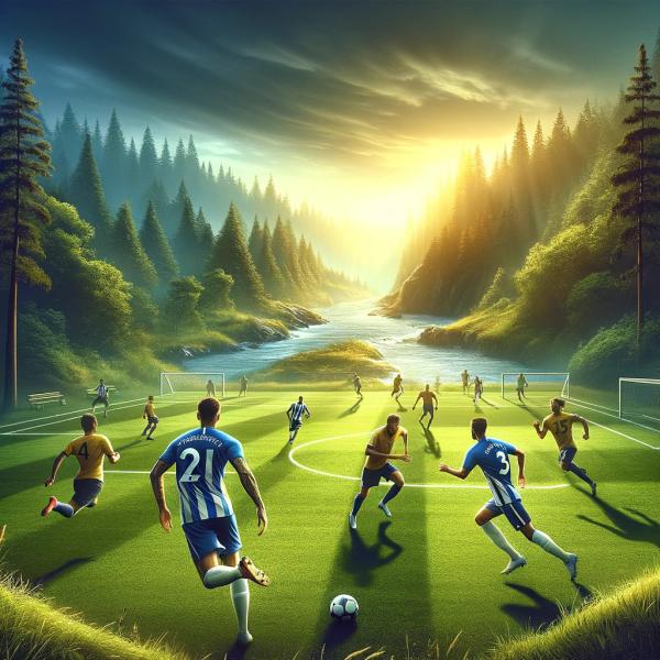 Obrázek fotbalového zápasu dvou týmů. Jeden tým má modrobílé pruhované dresy a druhý tým má žluté dresy. Prostředí je idylické s lesem a řekou v pozadí, zdůrazňující klidné a scénické herní prostředí. Vytvořeno pomocí DALL·E