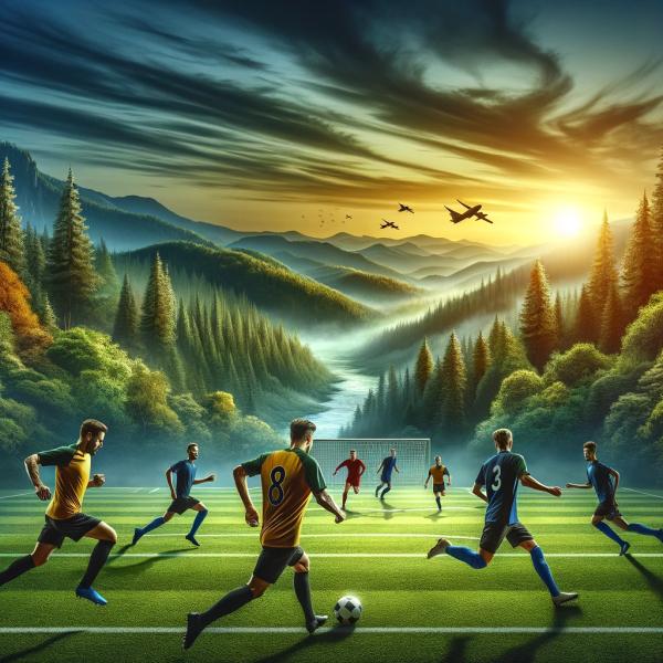 Obrázek fotbalového zápasu, kde jedno mužstvo má žluté dresy a druhé tmavě modré, s nádherným přírodním pozadím včetně lesa a řeky - Vytvořeno pomocí DALL·E