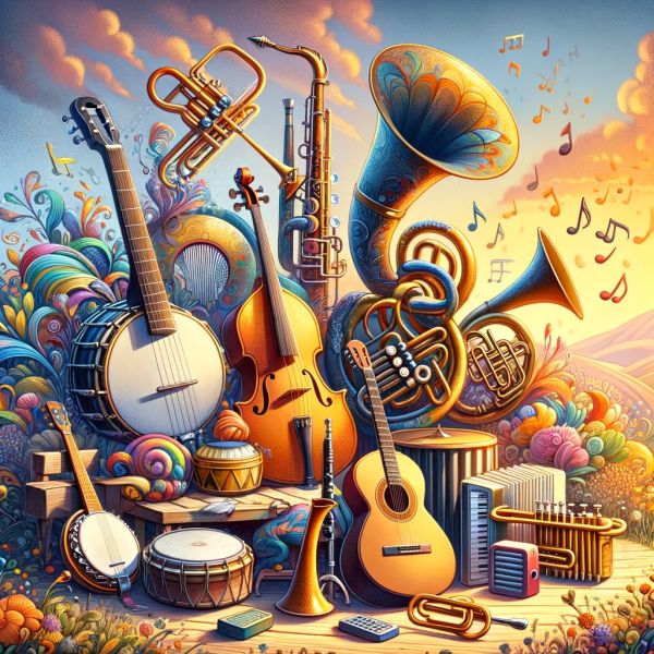 Obrázek s hudebními nástroji, včetně banja, kytary, klarinetu, tuby, trubky, trombonu, kazzoo, klavíru a valchy - Vytvořeno pomocí DALL·E