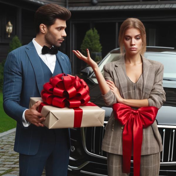 Muž daruje luxusní auto ženě, která je viditelně nespokojená a naštvaná, protože očekávala víc. Vytvořeno pomocí DALL·E